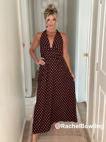 Polka Dot Haltered Neck Flowy Maxi Dress