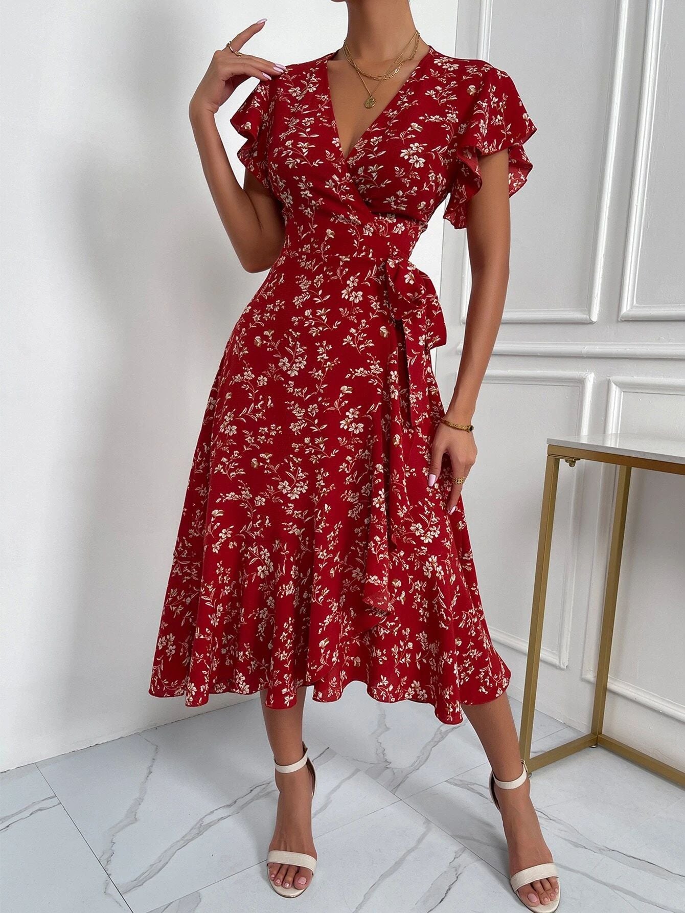 V Neck Wrap Waist Romantic Midi Dress