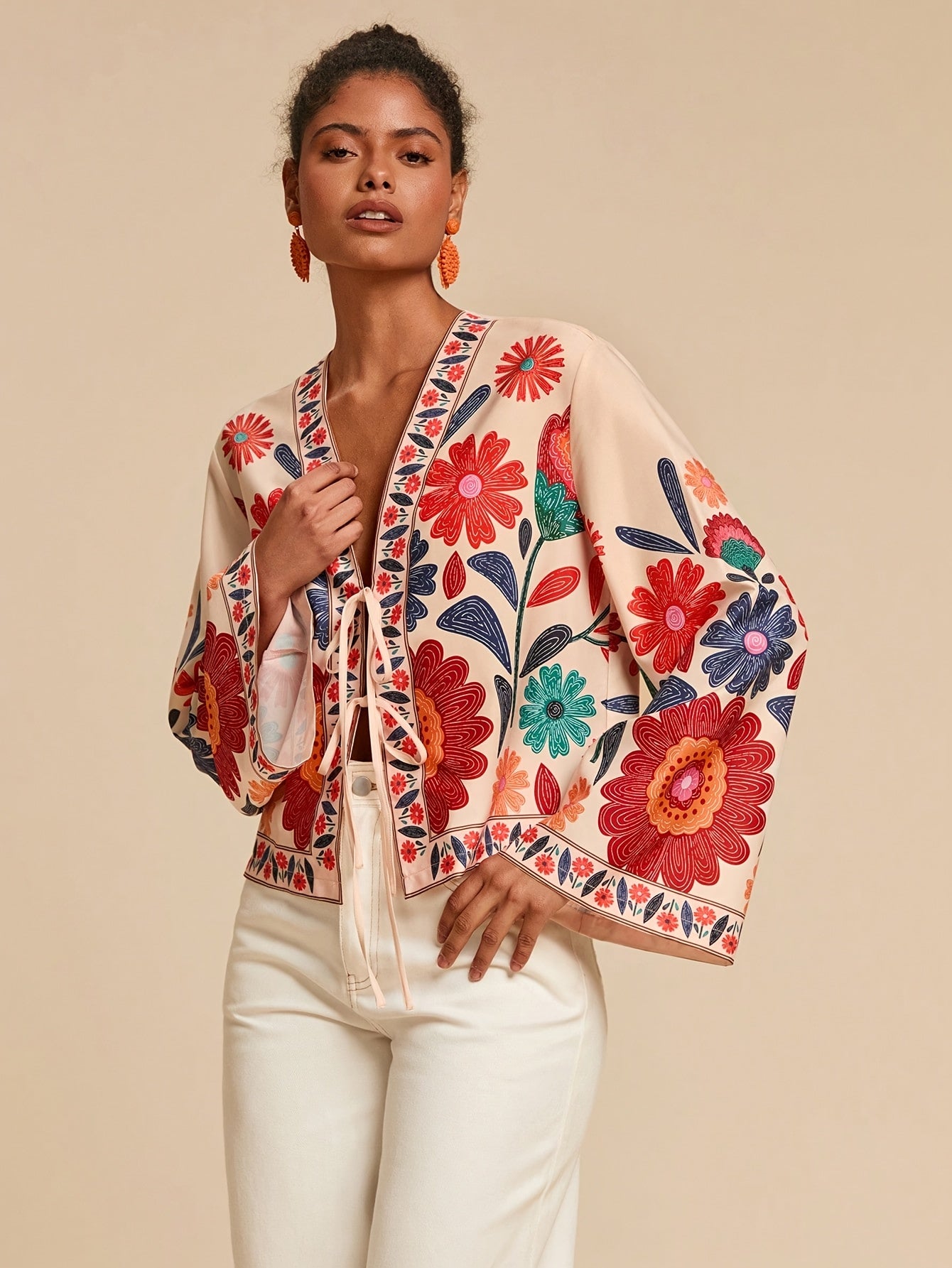 Boho Floral Embroidered Tie Front Shirt