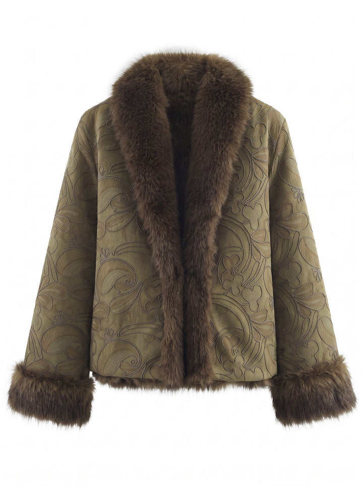 Embroidered Faux Fur Trim Coat
