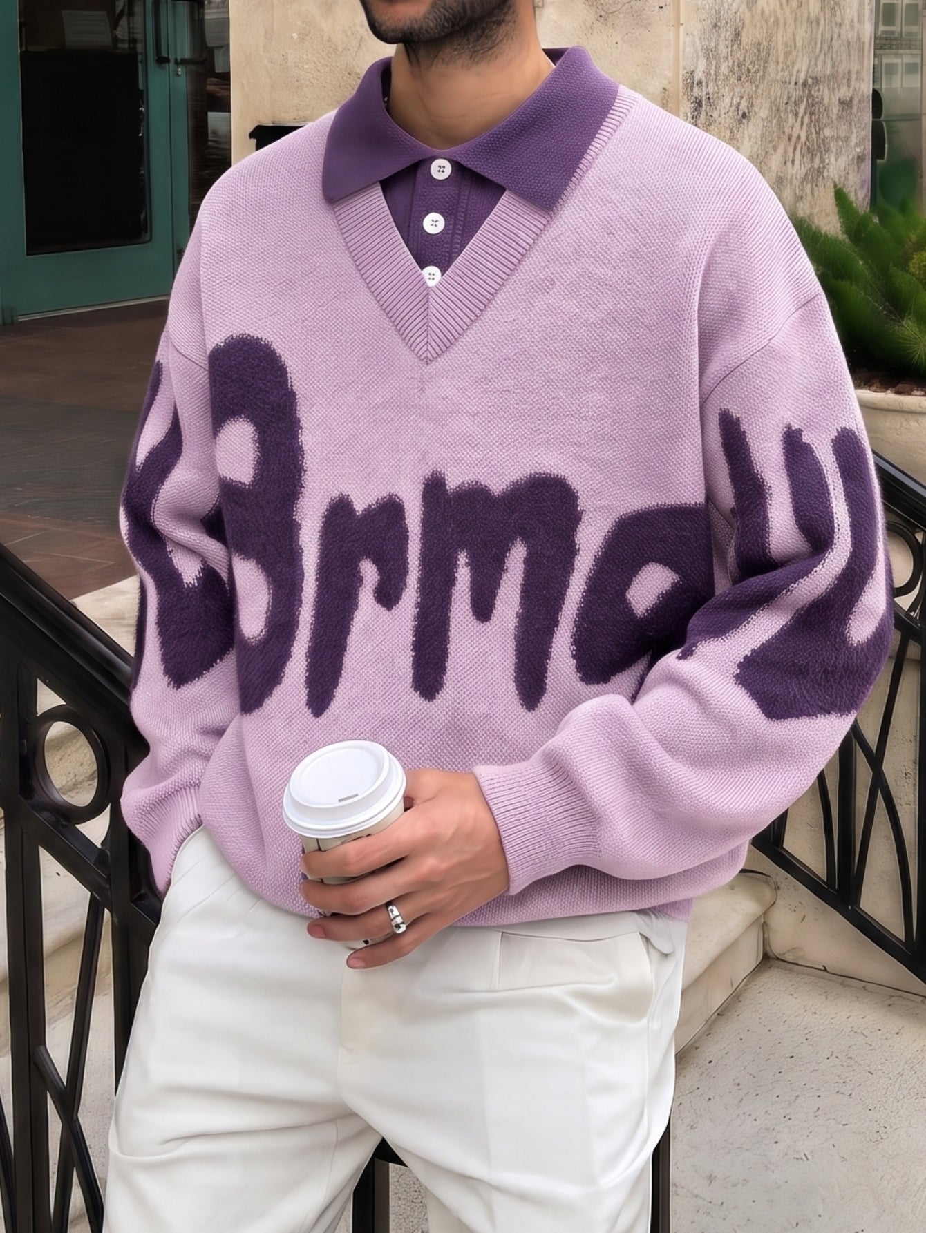 Oversized Graphic Collared Knit Pullover