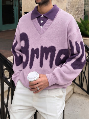 Oversized Graphic Collared Knit Pullover