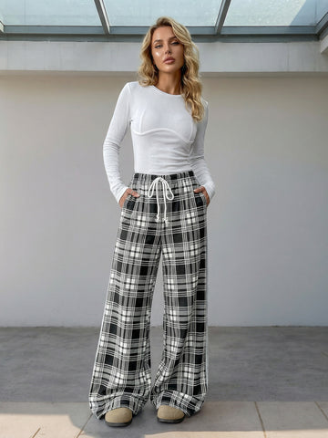 Plaid Print Wide-Leg Resort Casual Pants-Multicolor