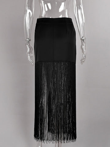 High Slit Fringed Maxi Skirt