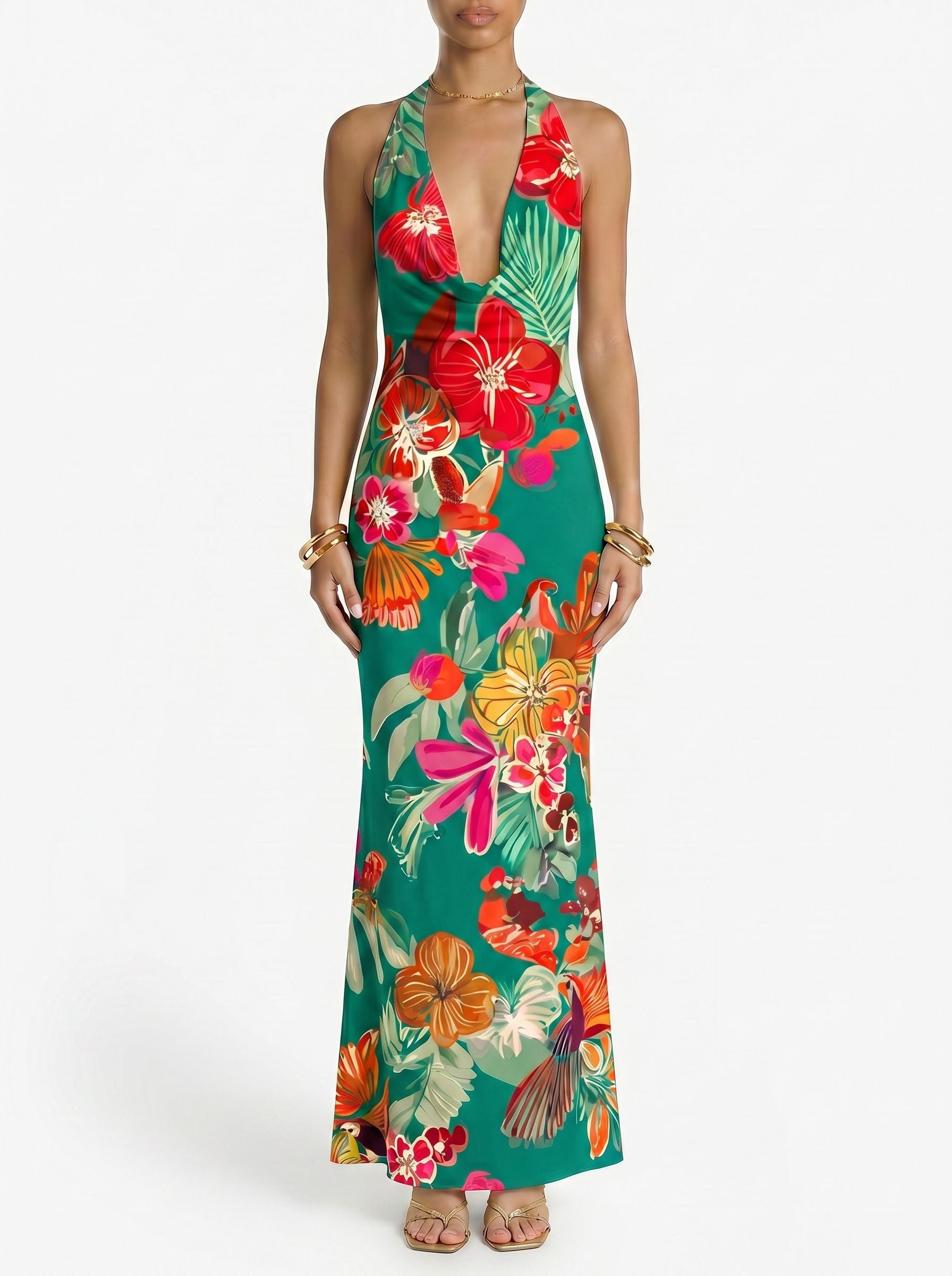 Floral Print Cowl Neck Bodycon Maxi Dress
