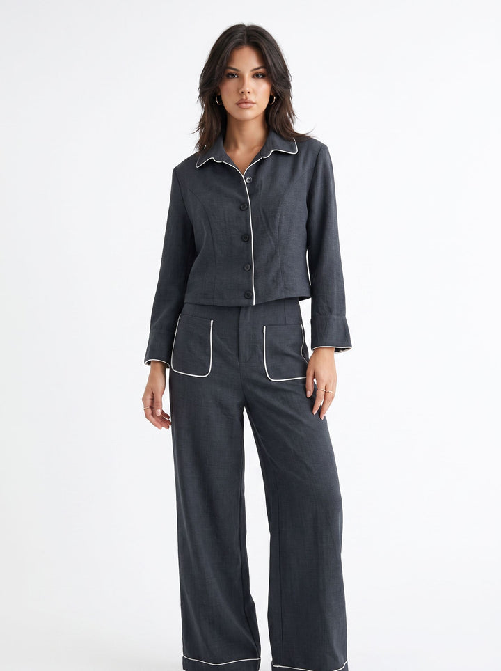 Contrast Trim Buttoned Pant Set