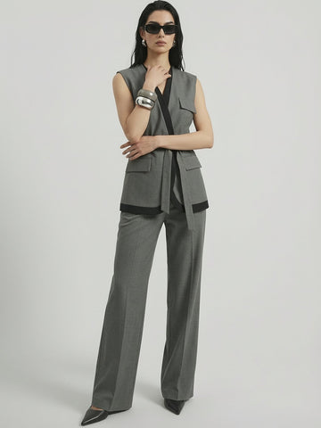SAÏA V Neck Tie-Waisted Business Suit-Gray