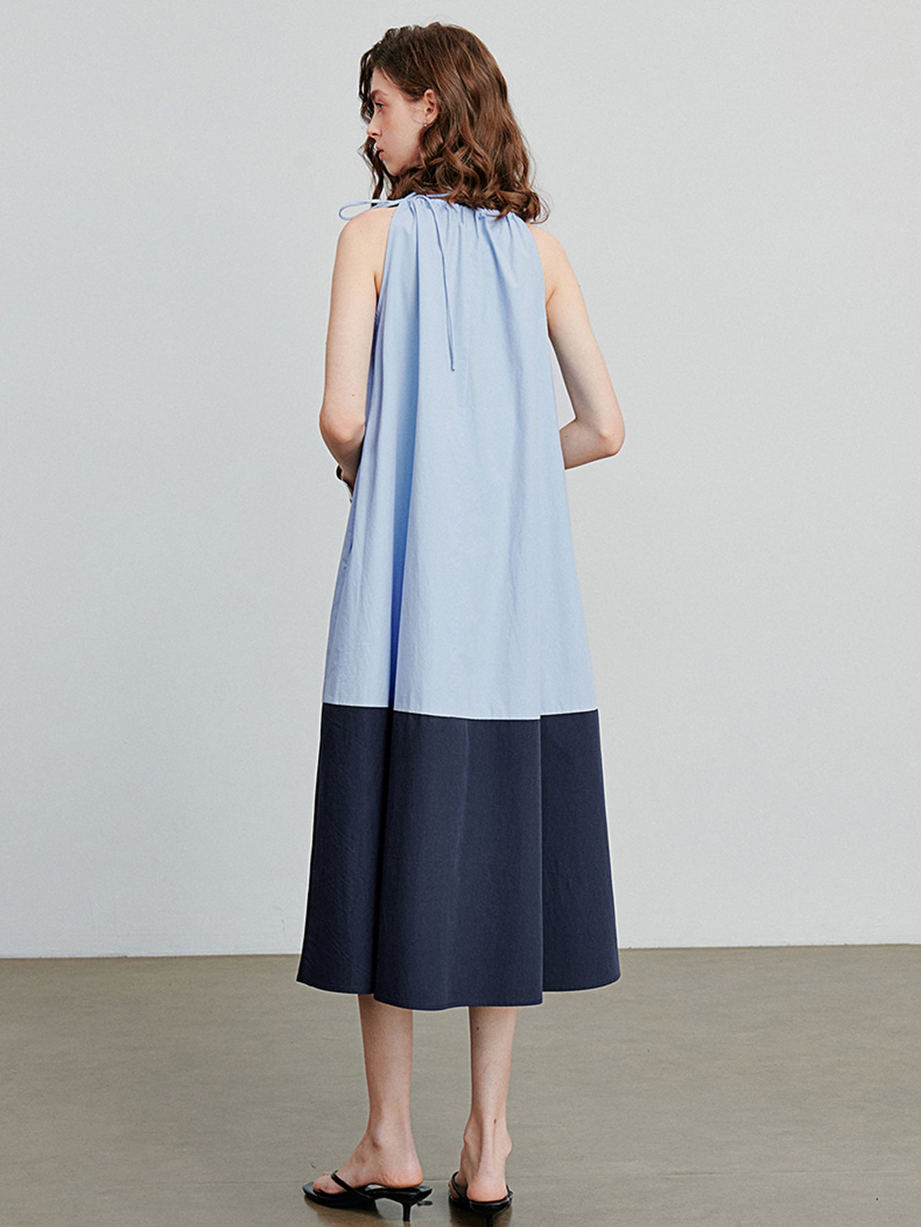 Two Tone Shirred Bodice Summer Midi Dress