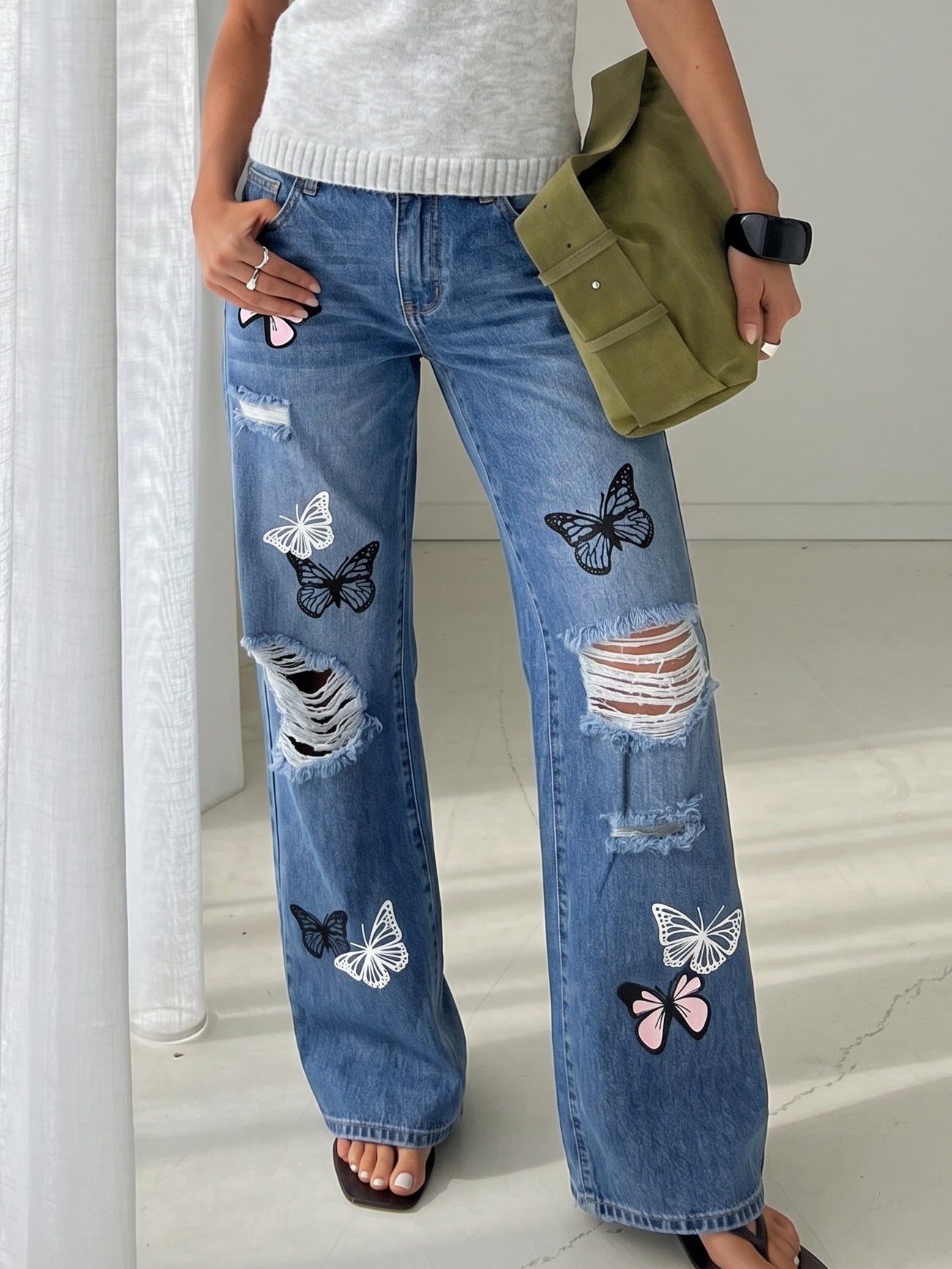 Distressed Butterfly Print Wide Leg Jeans