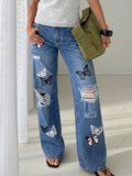 Distressed Butterfly Print Wide Leg Jeans