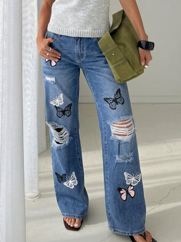 Distressed Butterfly Print Wide Leg Jeans