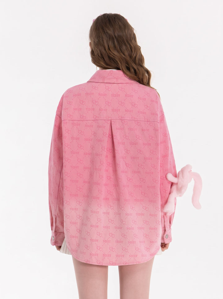 Cute Pink Heart Print Button Shirt