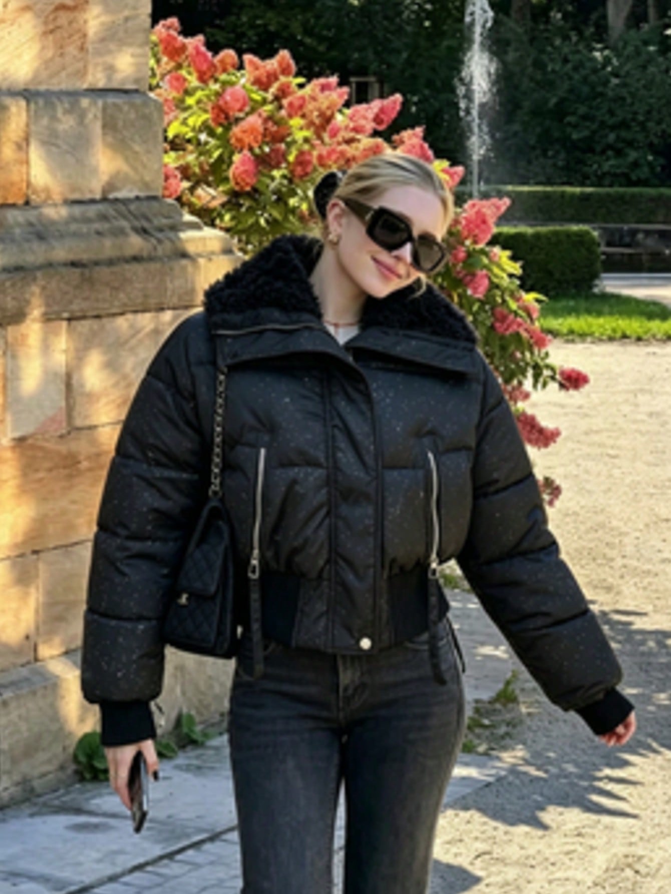 Shimmer Fleece Collar Cropped Puffer Jacket