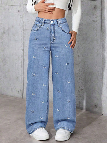 Embroidered Bow Wide Leg Jeans