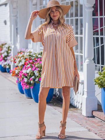 Casual Striped V Neck Mini Dress