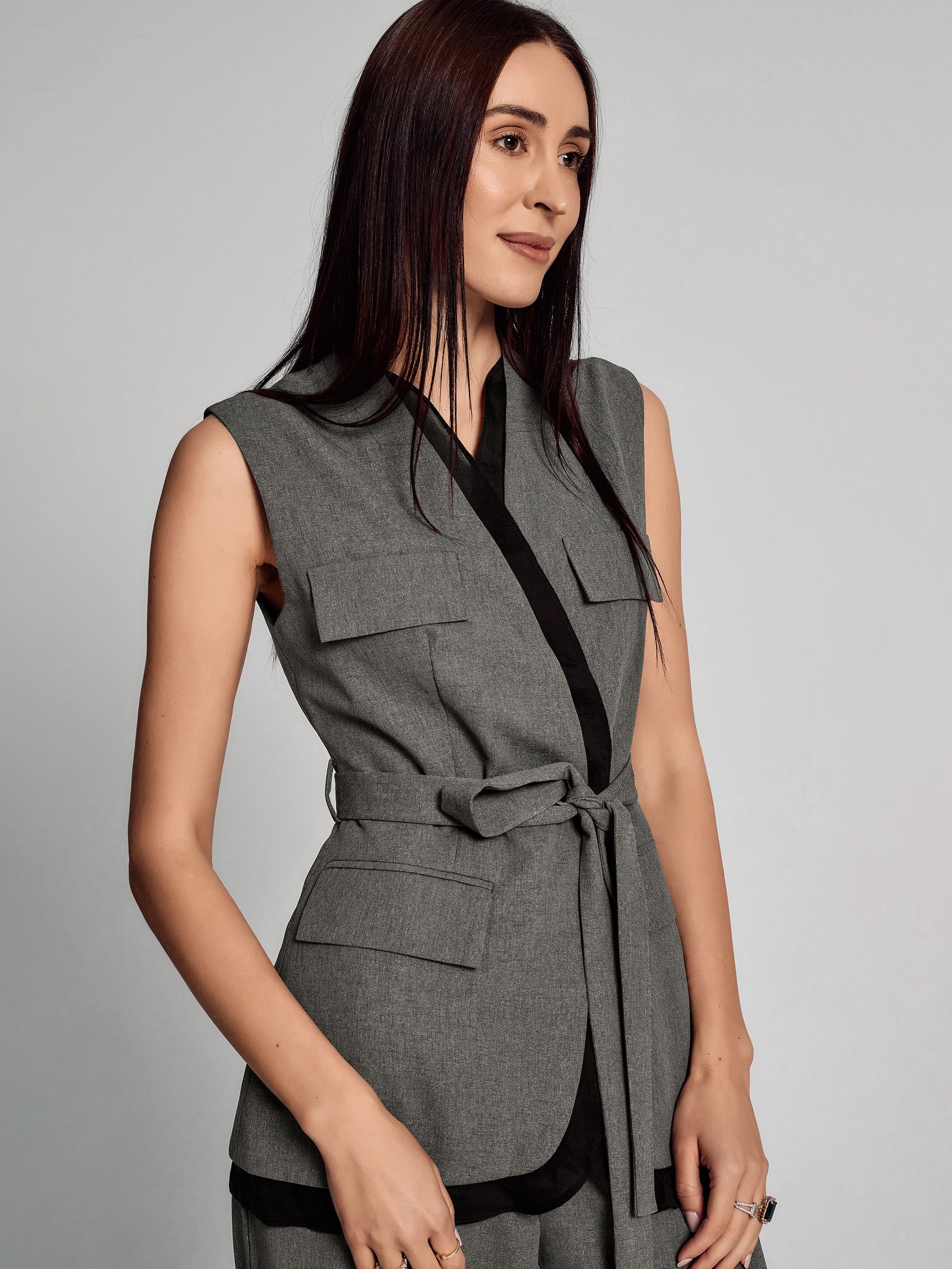 SAÏA V Neck Tie-Waisted Business Suit-Gray