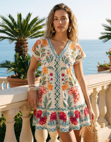 EVA Floral Print  V Neck Tiered Babydoll Mini Dress