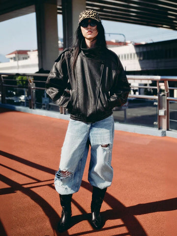 Oversized Vegan Leather Bomber Jacket