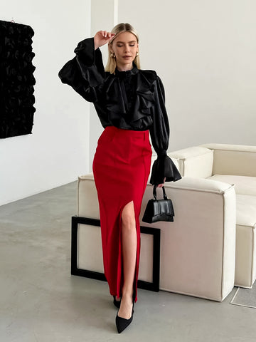 Ruffled Satin Button Down Blouse