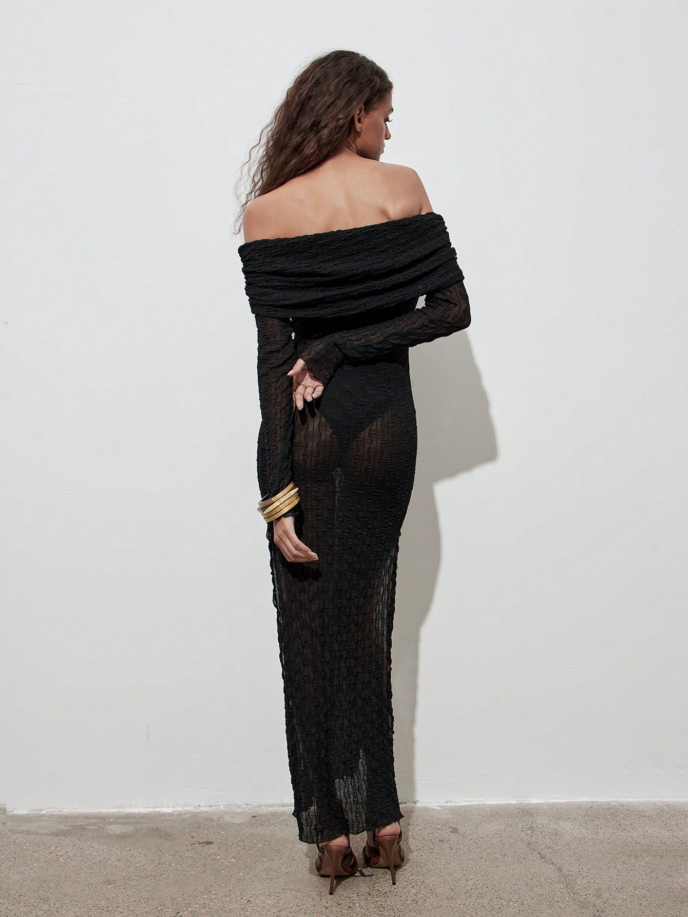Sheer Off-Shoulder Sexy Maxi Dress-Black