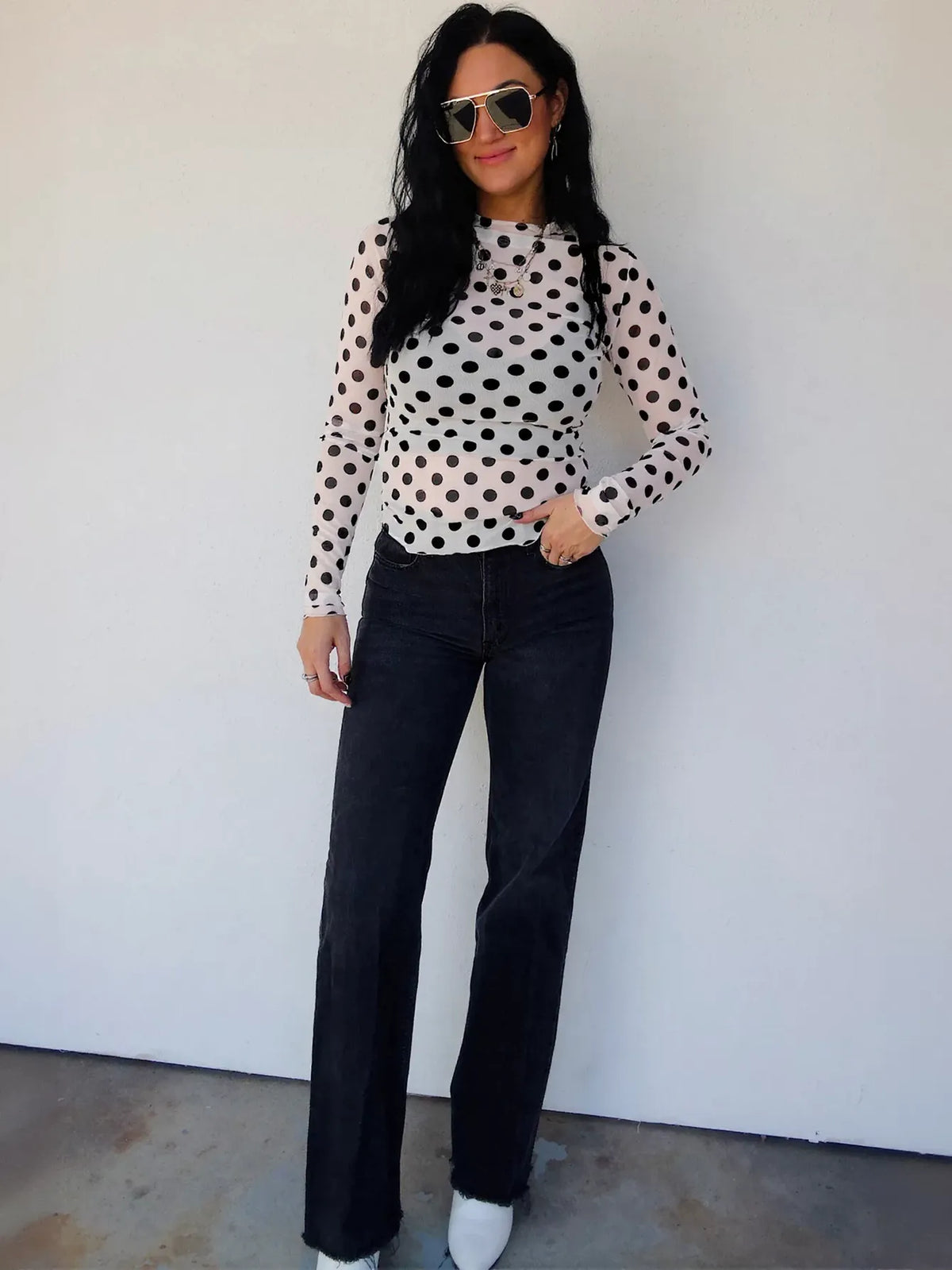Sheer Polka Dot Mock Neck Top