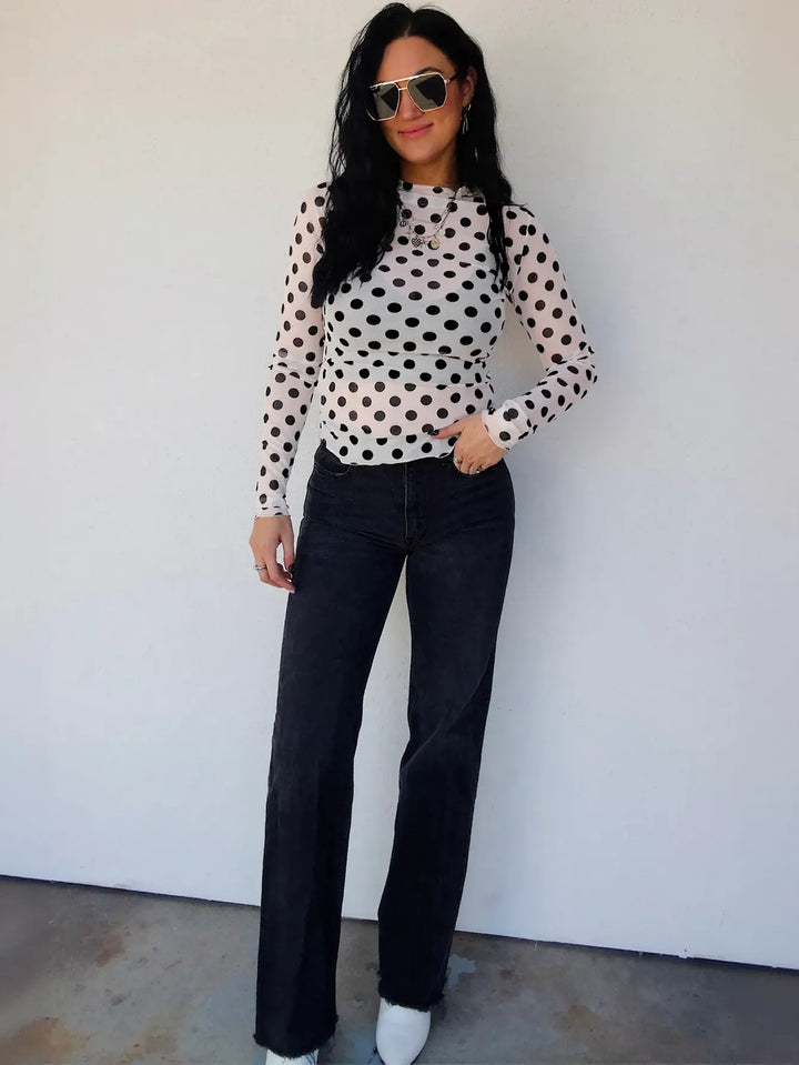 Sheer Polka Dot Mock Neck Top