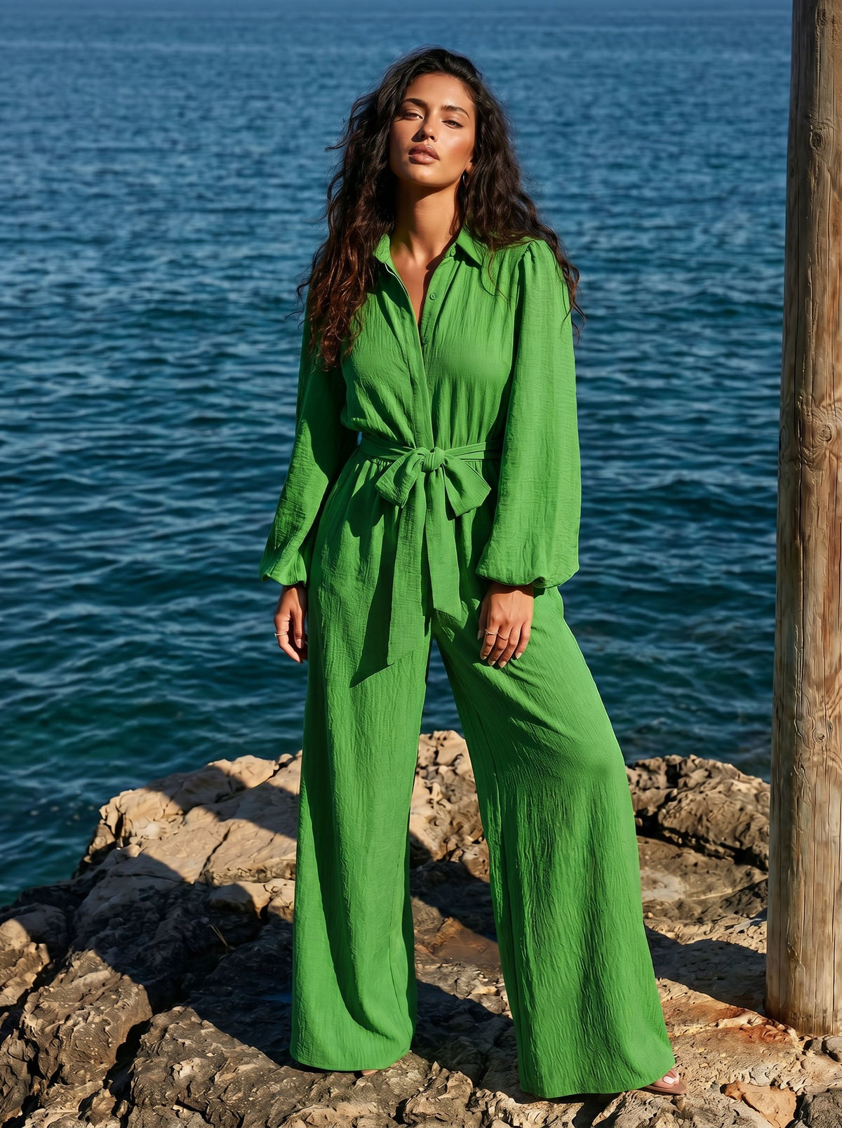 Belted Wide Leg Collared Jumpsuit