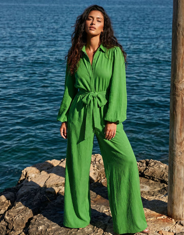 Belted Wide Leg Collared Jumpsuit