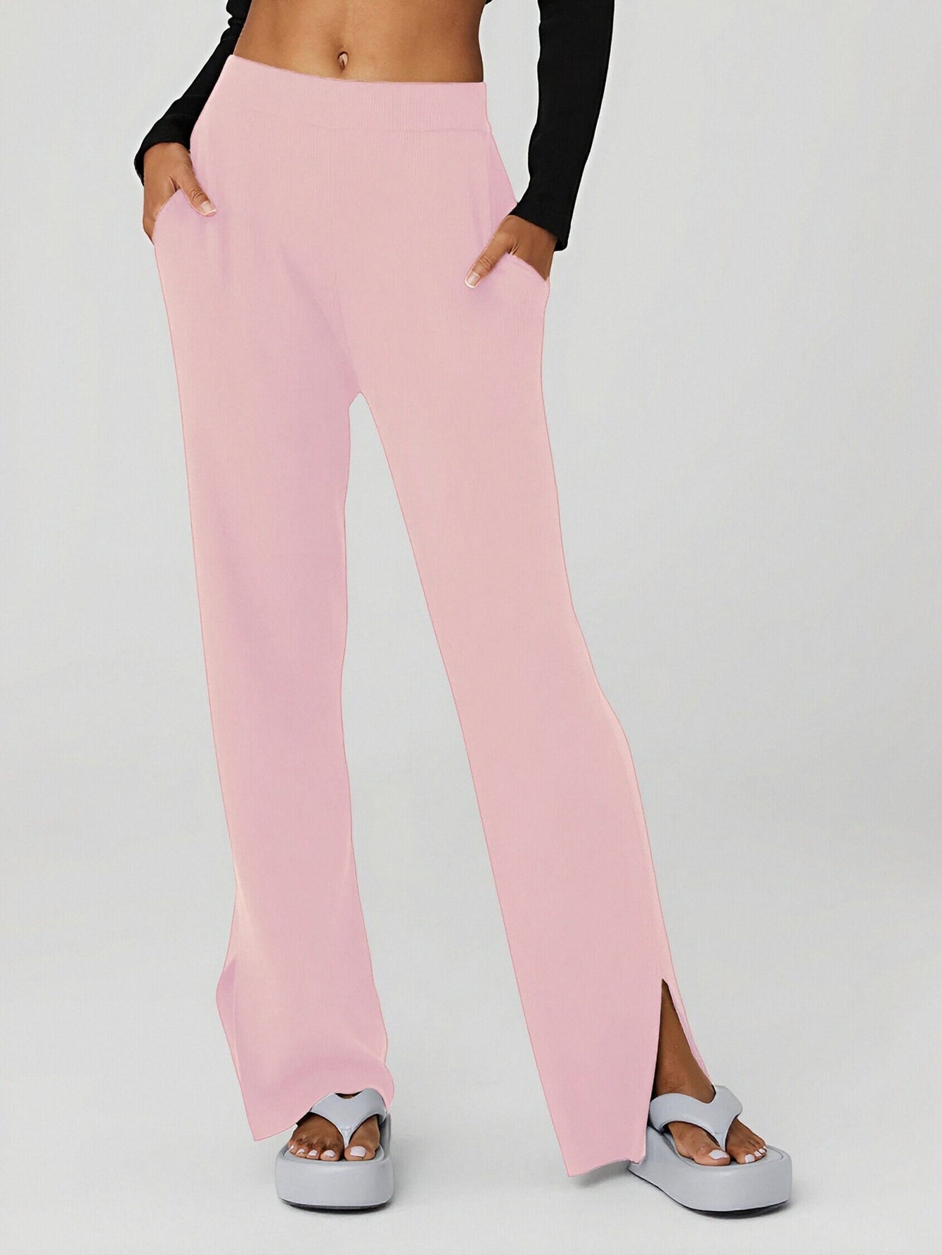 High-Waisted Side-Slit Pocket Knit Wide-Leg Pants
