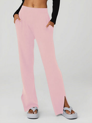 High-Waisted Side-Slit Pocket Knit Wide-Leg Pants
