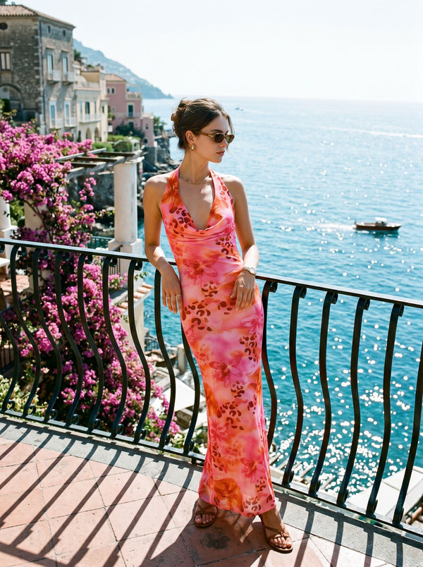 LILA Floral Tropical Cowl Neck Bodycon Midi Dress