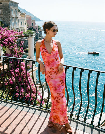 LILA Floral Tropical Cowl Neck Bodycon Midi Dress