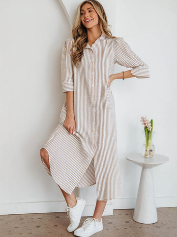 Striped Puff Sleeve Midi Dress