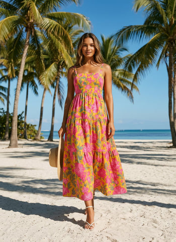 FLORA Floral Print Tiered Strap Midi Dress