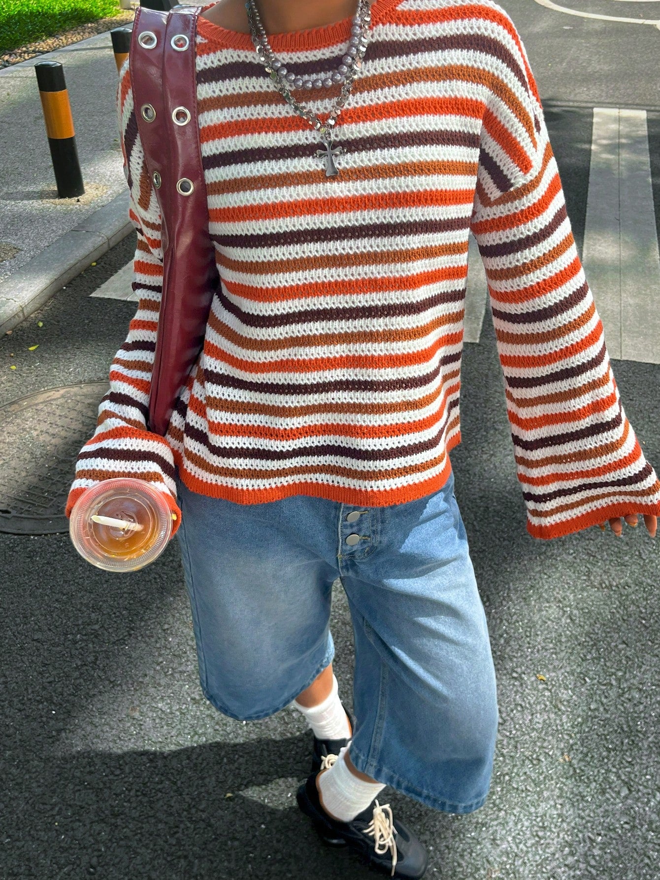 Oversized Striped Crewneck Knit Sweater