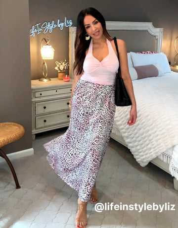 High Waisted Leopard Print Midi Skirt