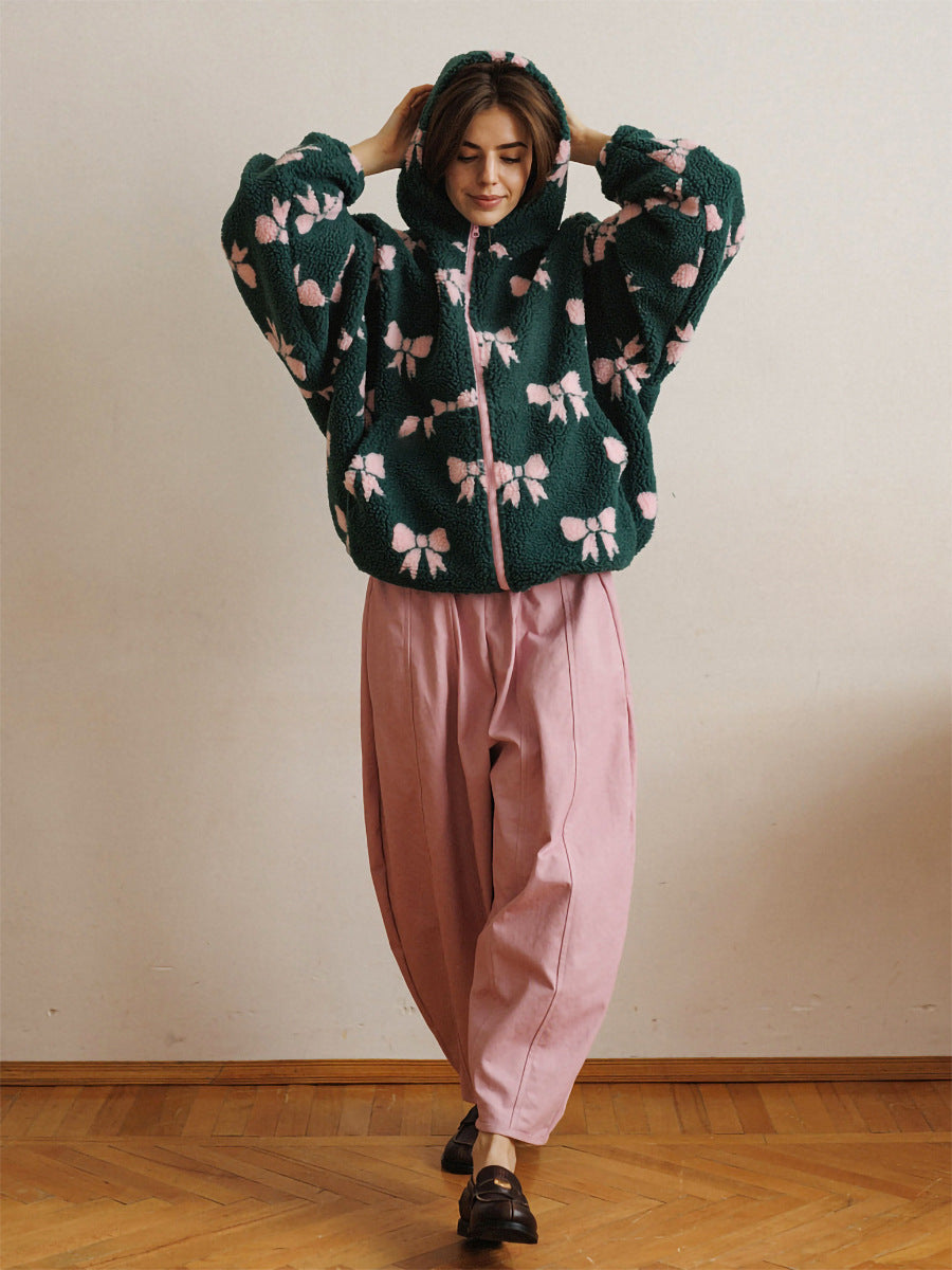 Cozy Bow Print Sherpa Jacket