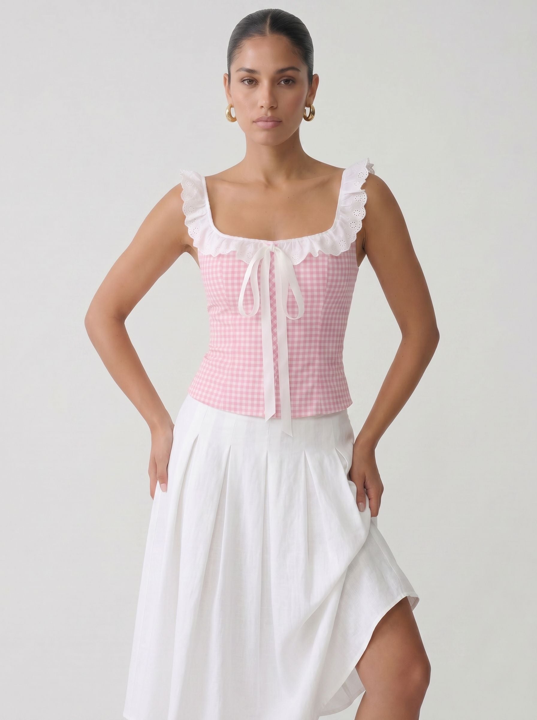 Gingham Eyelet Ruffle Trim Top