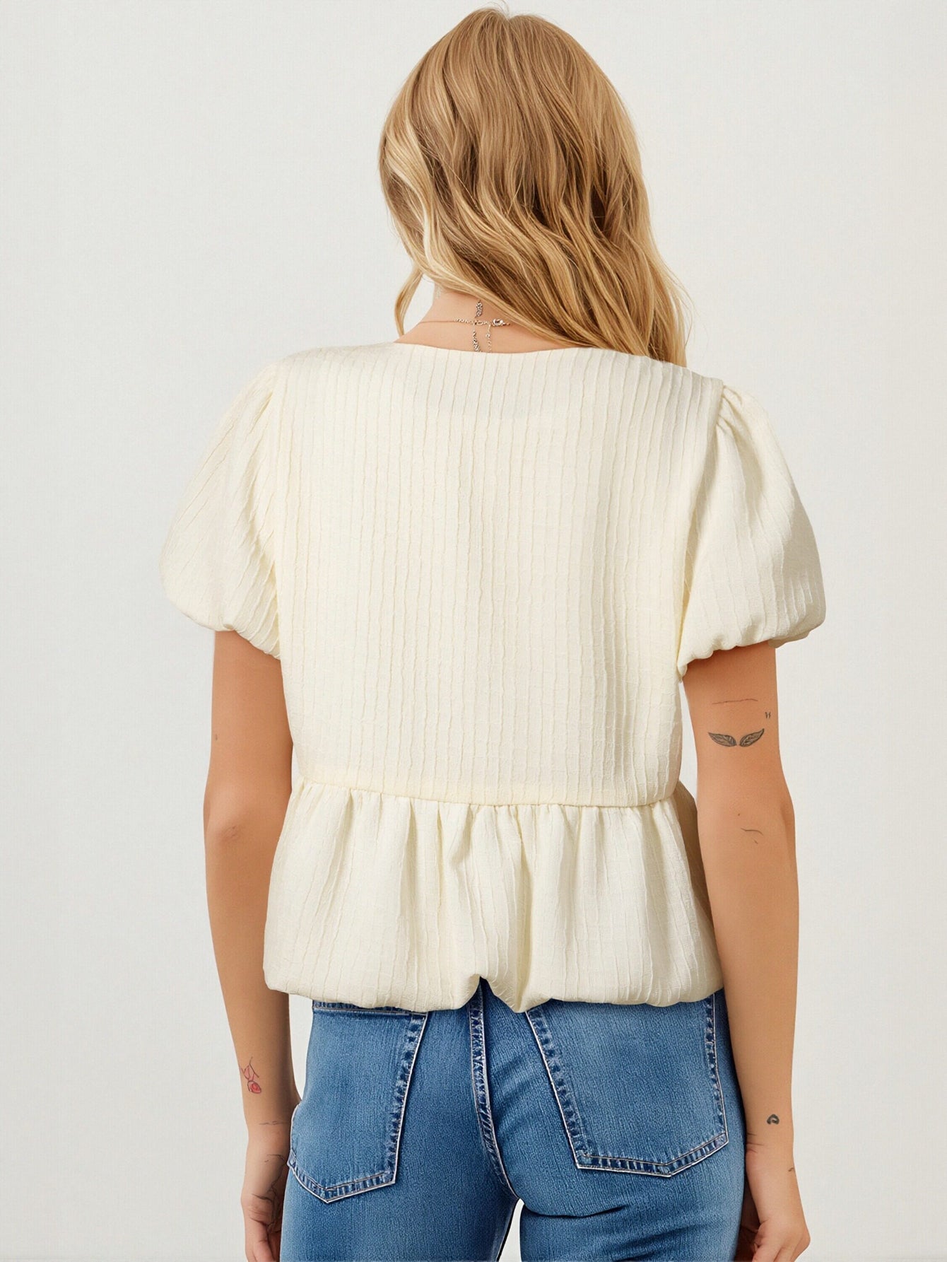 Bow Tie Puff Sleeve Peplum Blouse
