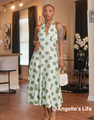 AURELIA Sage Polka Dot Print Halter Neck Tie Back Midi Dress
