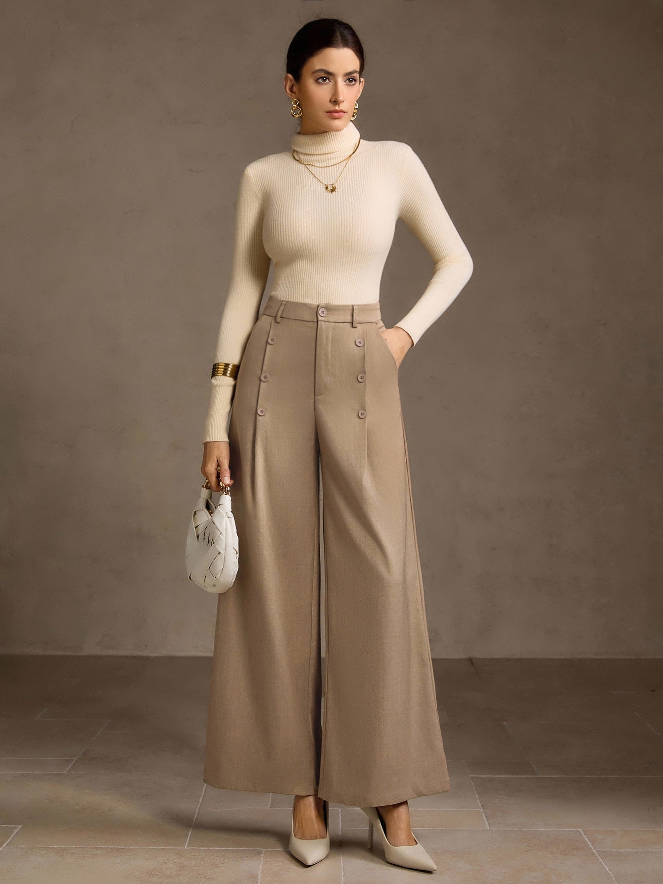 High Waisted Button Detail Wide Leg Pants