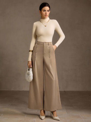 High Waisted Button Detail Wide Leg Pants