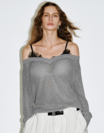 Urban Revivo Lace Décor Knitted T-Shirts-Grey