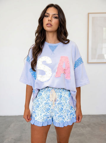 Floral Ruffle Trim Drawstring Shorts