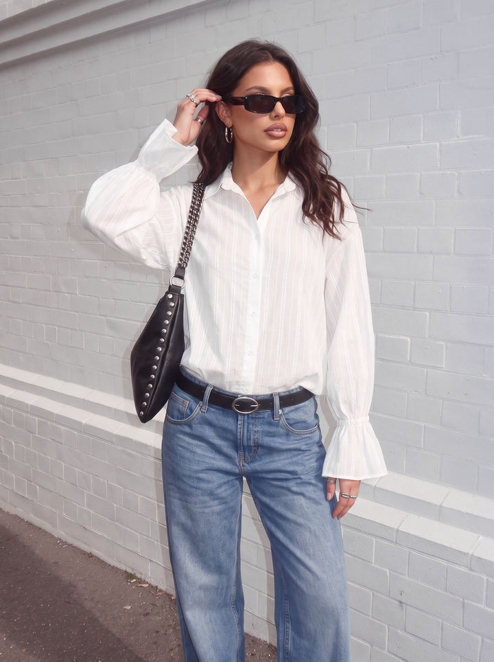 Sheer Striped Ruffle Sleeve Button Shirt