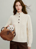 Cozy Cable Knit Button Mockneck Sweater