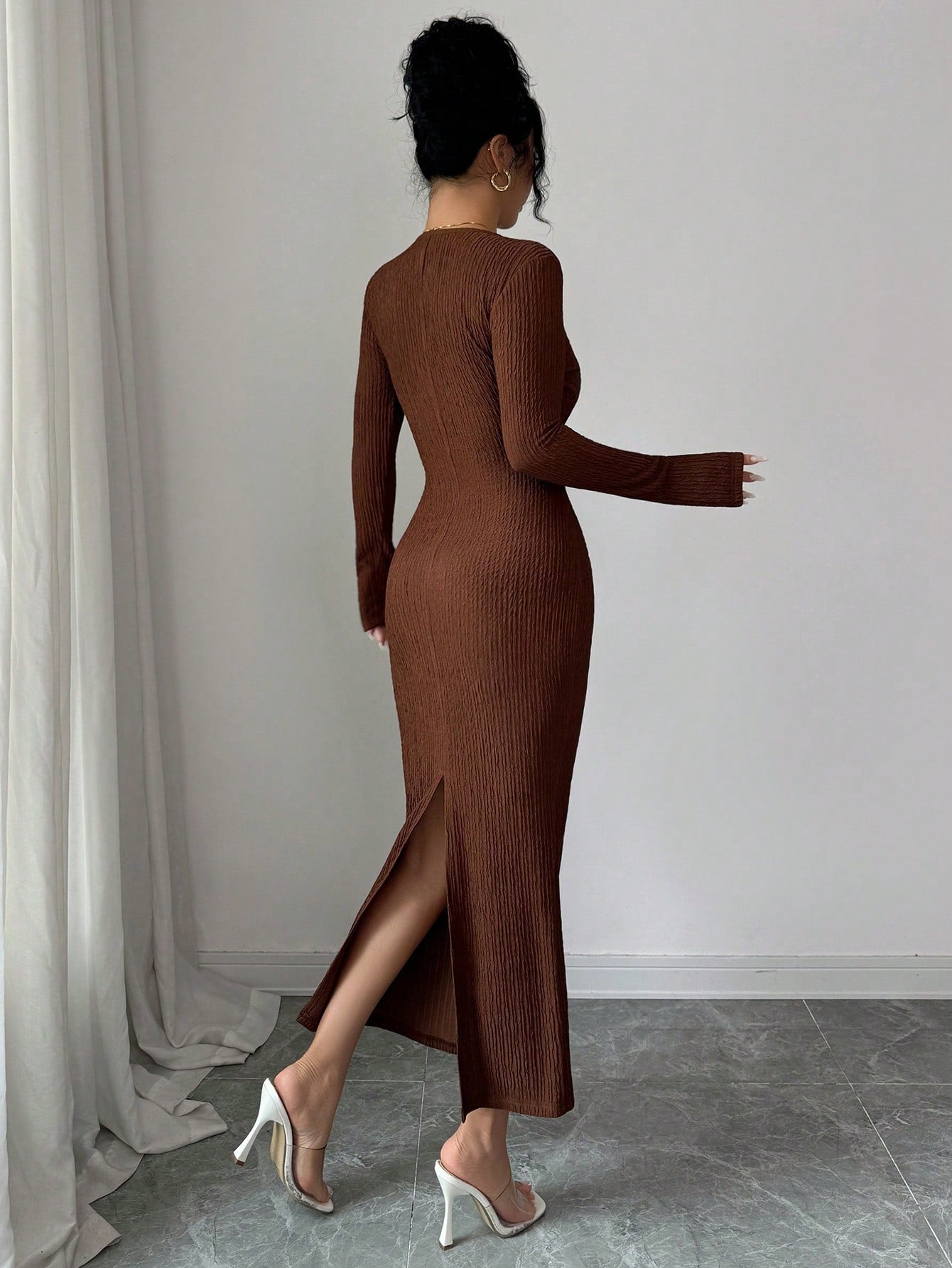 Ribbed V Neck Slimming Midi Dress