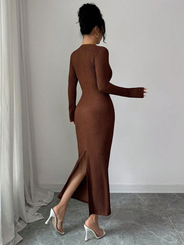 Ribbed V Neck Slimming Midi Dress