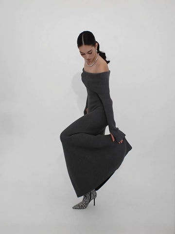 Off Shoulder Ribbed Knit Maxi Dress