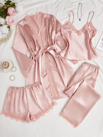 Lace Trim Satin Pajama Set